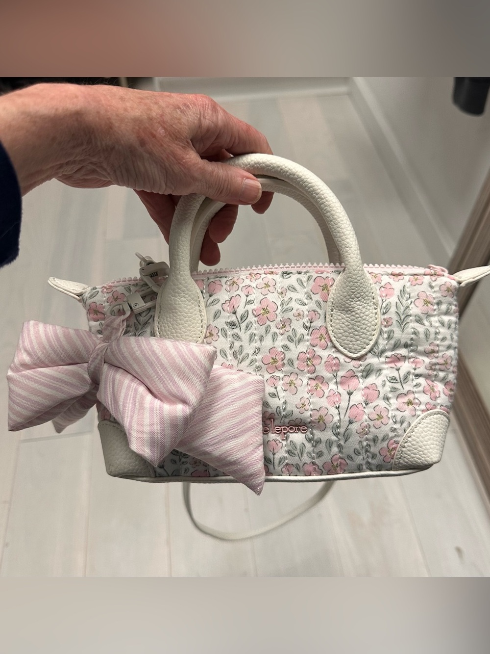 Nanette Lepore Pink Floral Quilted Mini Satchel with White Handles